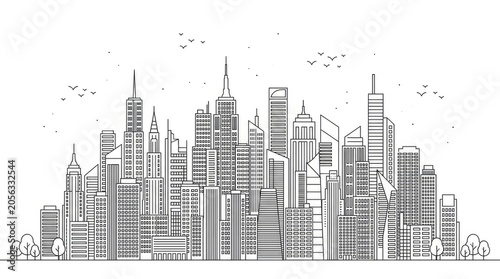 Minimalist city skyline line art drawing.
