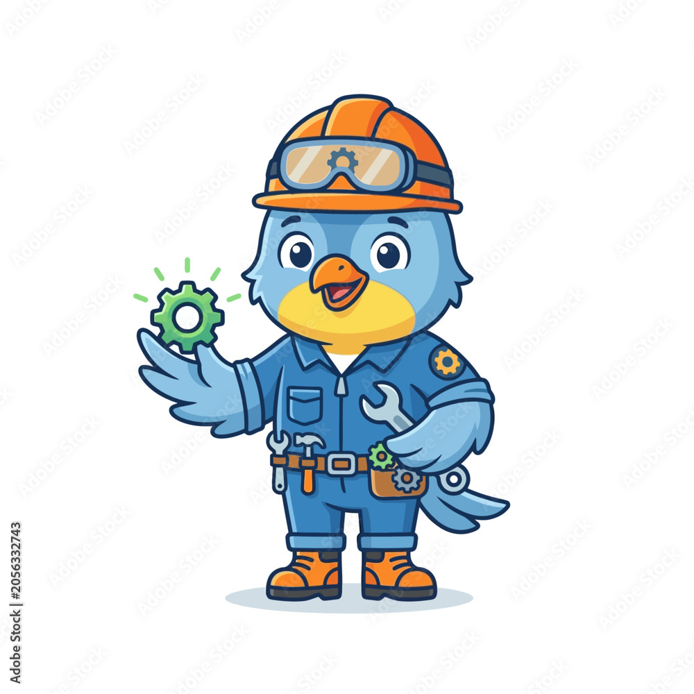 Fototapeta premium Cartoon Blue Bird Mechanic Holding Gears Wearing Hard Hat and Tool Belt