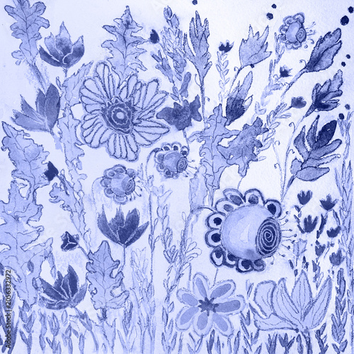 Painting of wild chinoiserie garden, floral fantasy in Delft blue. The dabbing technique gives a soft focus effect due to the altered surface roughness of the paper.