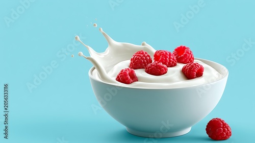 Fresh raspberries splashing into a white bowl filled with creamy yogurt on pastel blue background