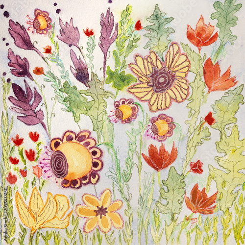 Painting of wild garden, floral fantasy. The dabbing technique gives a soft focus effect due to the altered surface roughness of the paper.