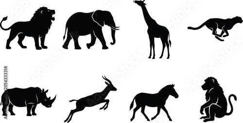 Fotografie African safari animals silhouette set featuring roaring lion walking elephant gi