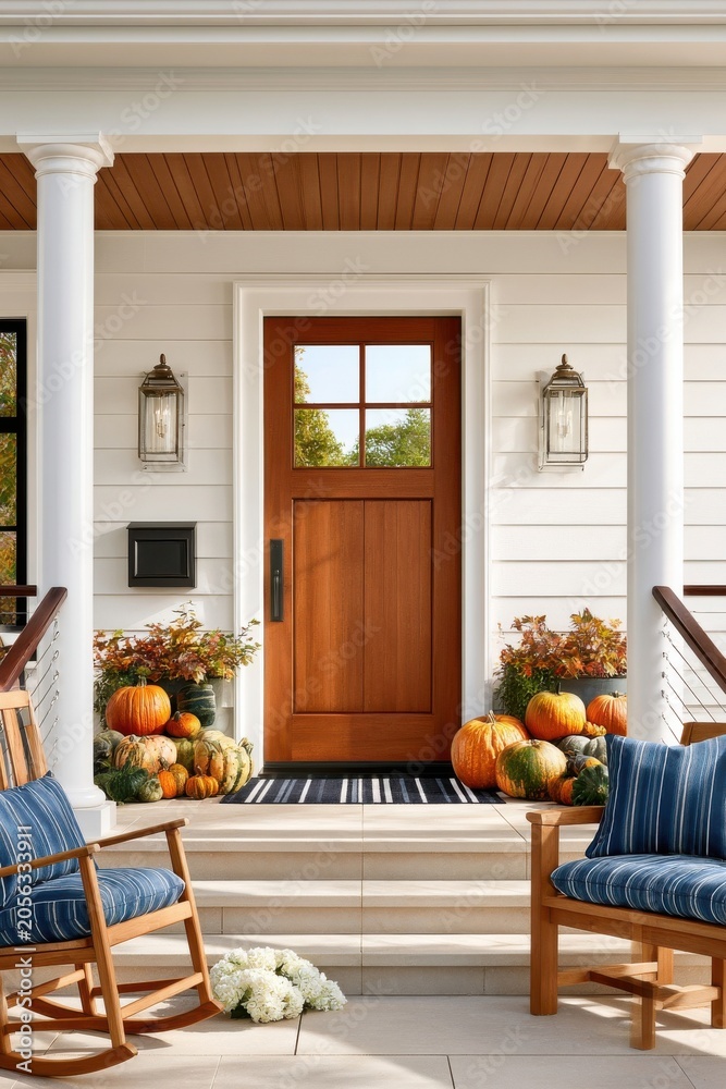 Naklejka premium Front porch decorated for autumn with a wooden door, pumpkins and cozy seating