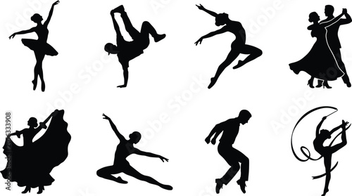 Dance styles and performers silhouette set featuring ballet dancer, breakdancer handstand, contemporary jump, ballroom couple, flamenco, tap dancer, and rhythmic gymnastics ribbon