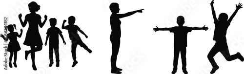 Foto Children Silhouette Collection Showing Jumping Standing Pointing and Playing Pos