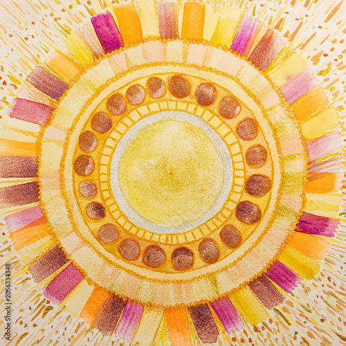 Mandala flower, colorful abstract sunflower. The dabbing technique gives a soft focus effect due to the altered surface roughness of the paper.