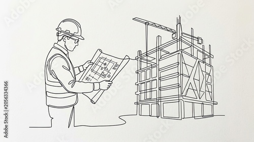 Minimalist line drawing of architect observing building construction.