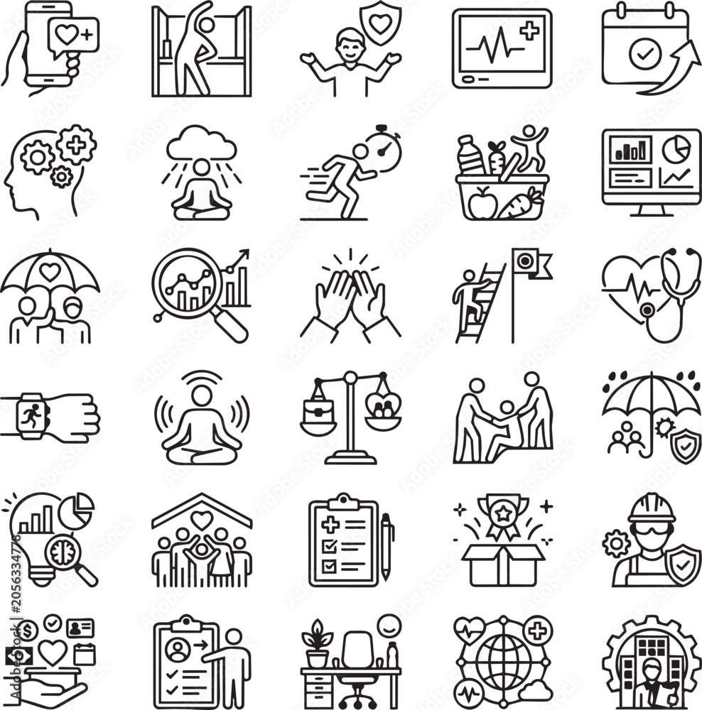Fototapeta premium Employee Wellness App Line Icons Set for Workplace Health, Wellbeing Programs and Corporate Wellness Platforms