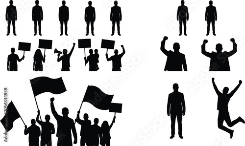 Slika na platnu Silhouettes of protest crowds with flags, banners, and expressive poses in activ