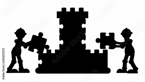 Toy robots assembling a giant puzzle castle together
