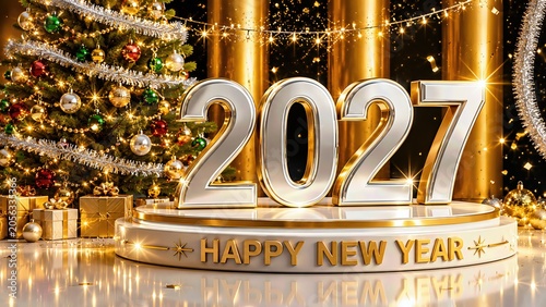 Happy New Year 2027 Golden 3D Illustration with Luxury Fireworks Background