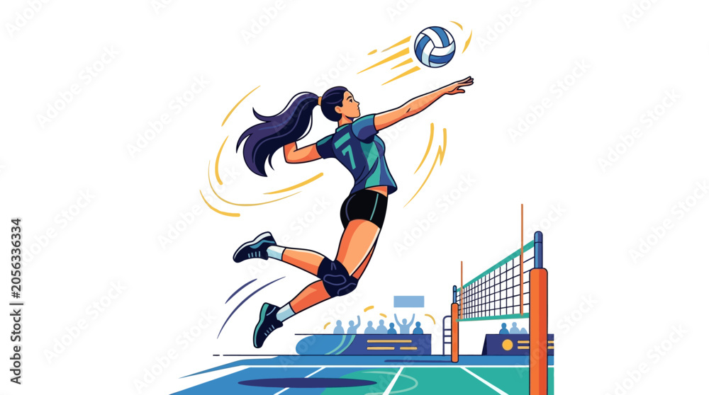 Fototapeta premium Female Volleyball Player Jumping to Spike Ball Over Net with Dynamic Action