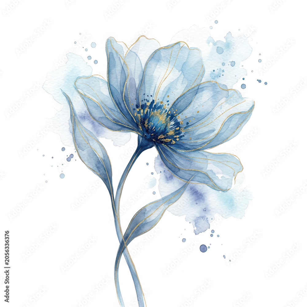 Obraz premium Beautiful Blue Flower On Transparent Background With Gold Accents And Watercolor Effect