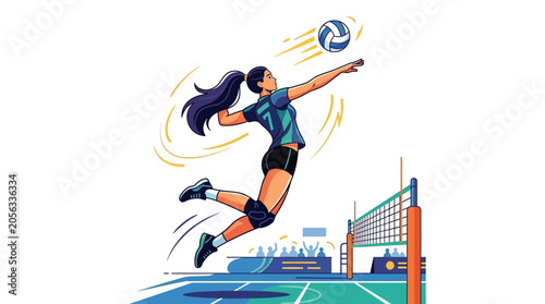 Female Volleyball Player Jumping to Spike Ball Over Net with Dynamic Action