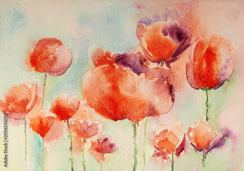Floral painting of bright watercolor peonies. The dabbing technique gives a soft focus effect due to the altered surface roughness of the paper.