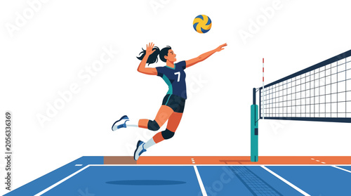 Female Volleyball Player Jumps to Spike Ball Over Net, Athletic Action