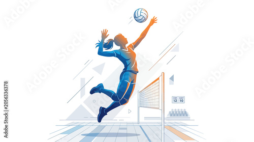 Female Volleyball Player Jumps to Spike Ball Over Net