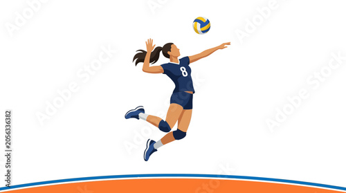Female volleyball player jumping, spiking ball against white background with orange line