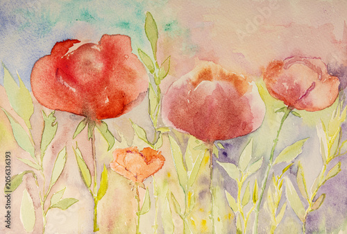 Watercolor painting of garden with pink camellias. The dabbing technique gives a soft focus effect due to the altered surface roughness of the paper.