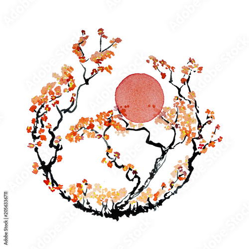 Circle of cherry blossom with red full moon painting. The dabbing technique gives a soft focus effect due to the altered surface roughness of the paper.