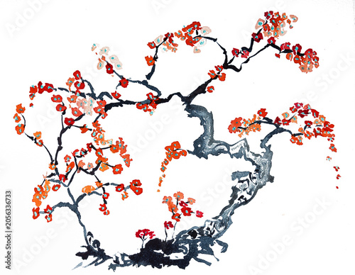 Blooming sakura tree with white background. The dabbing technique gives a soft focus effect due to the altered surface roughness of the paper.