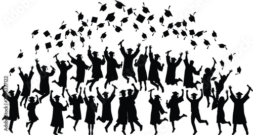 Cuadro en lienzo Graduation Celebration Silhouettes with Graduates Throwing Caps and Diplomas in