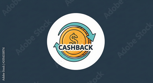Cashback concept is represented by a golden coin enclosed within two circular arrows on a dark background.