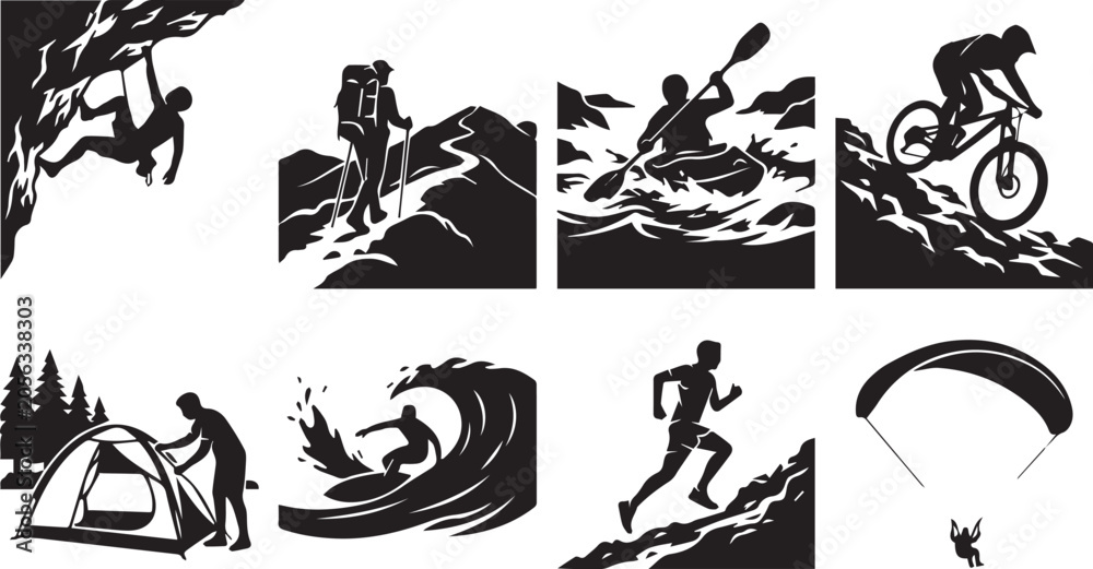 Obraz premium Set of black outdoor adventure icons featuring extreme sports activities like climbing kayaking surfing mountain biking and hiking