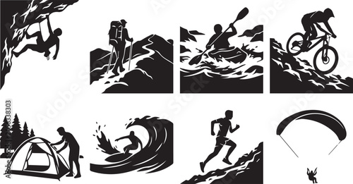 Photography Set of black outdoor adventure icons featuring extreme sports activities like cl