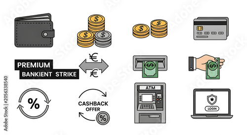 Business finance icons representing premium banking services, currency conversion, and automated teller machine functions are arranged neatly.