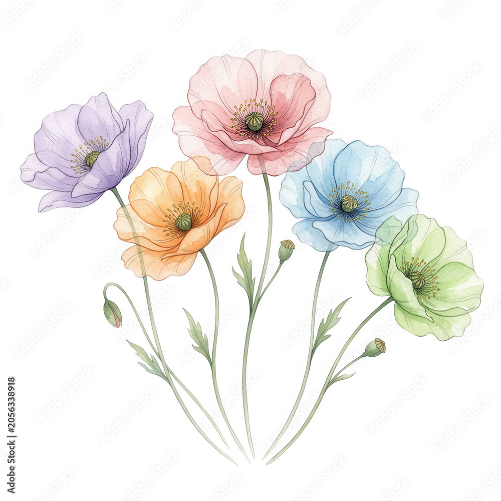 Obraz premium Colorful Poppy Flowers On Transparent Background