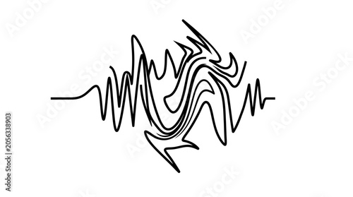Abstract Sound Wave Distortion, Chaotic Energy Flow, Black Line Art