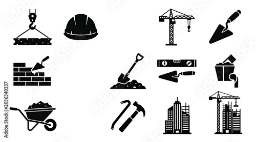 Collection of flat black construction and engineering icons.