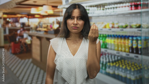 Valokuva Woman holding pinched fingers hand gesture by beverage shelf in a building restaurant aisle; annoyance distrust hesitation
