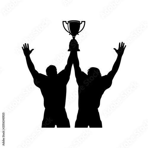 Billede på lærred Silhouette of two athletes holding a trophy aloft in victory celebration