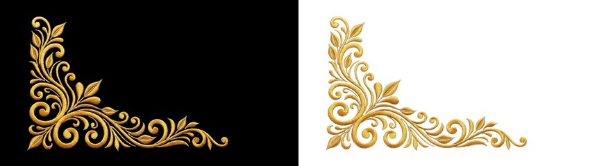 Golden floral scroll corner embroidery motif isolated on png background design art