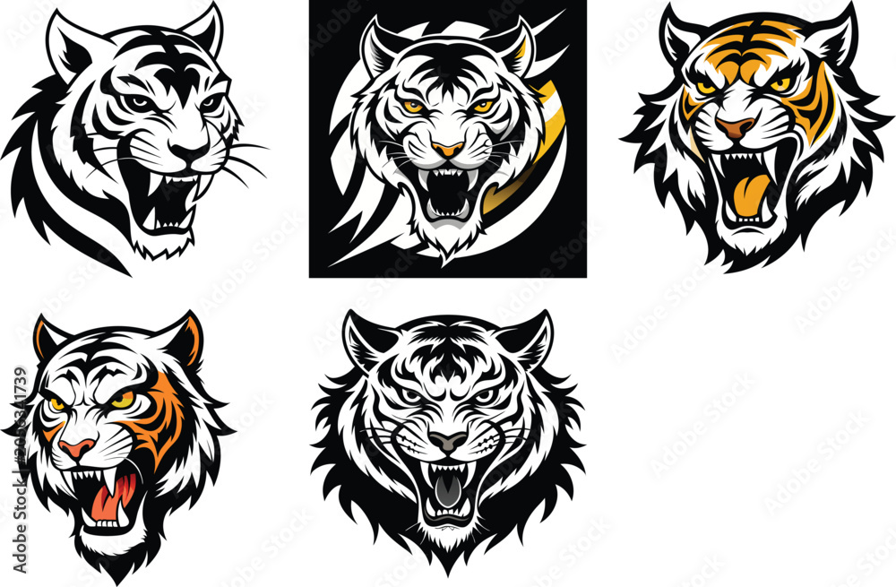 Obraz premium Collection of tiger head logos with colorful accents and different backgrounds