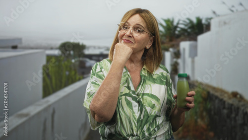 Konstfotografi Middle age woman holding a green juice bottle, hand on chin in a street between white walls and plants; contemplation wellness