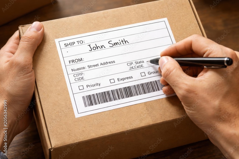 Obraz premium Manos rellenando la etiqueta de envío en una caja de cartón