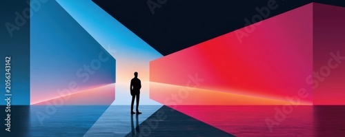 Silhouette of a person standing before a glowing abstract doorway of light and color, symbolizing decision and opportunity