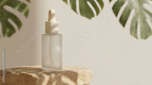 Frosted Glass Dropper Bottle Serum Mockup on Stone Pedestal