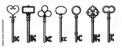 Foto Collection of seven vintage skeleton keys with intricate ornate bow designs isolated on transparent