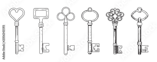 Εκτύπωση καμβά Set of six vintage keys with elaborate handle designs rendered in classic etching style on transparent