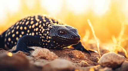 Gila Monster resting in the sunlight with striking patterns