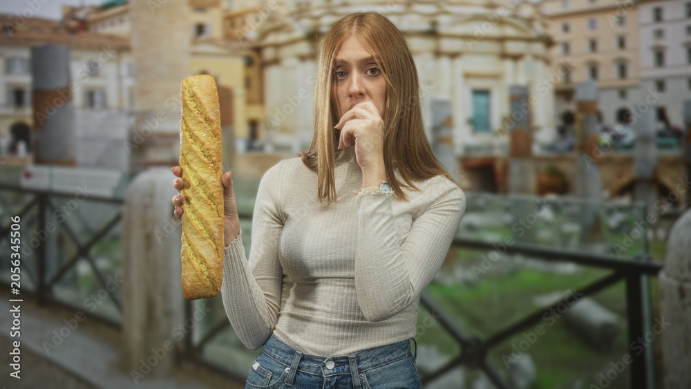 Fototapeta premium Woman holding a baguette with fingers to mouth gesture at building piazza near ancient railing and fountain; pensive hunger hesitation.