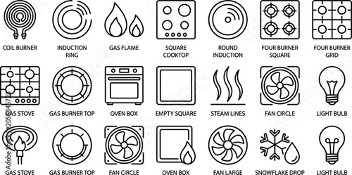 Tableau sur toile Kitchen appliance and cooking hardware icon collection showing stoves burners ovens fans and heating elements