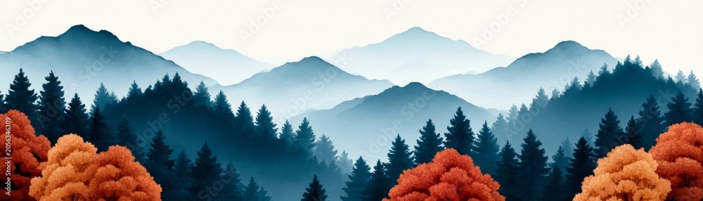 Fototapeta premium symbolizing, contrast, connection, emotional, Expansive Watercolor Mosaic Landscape Featuring Lush Mountains and Vibrant Forests with Contrasting Warm Autumn Tones Set Against a Serene Sky