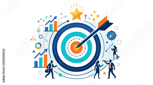 Business Goal Achievement: Arrow Hits Target Center, Teamwork, Strategy, Success Symbols