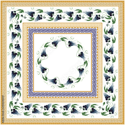 Set of border vector seamless patterns from blue grapes and golden classical friezes. 8 pattern brushes in the brush palette