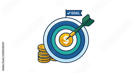 Business Goal Achievement With Coins, Dartboard And Arrow Hit, Success Concept.